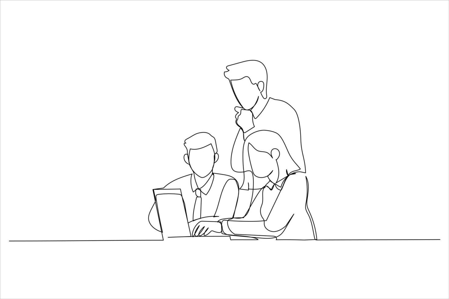 Illustration of team of three coworkers. One line art style vector