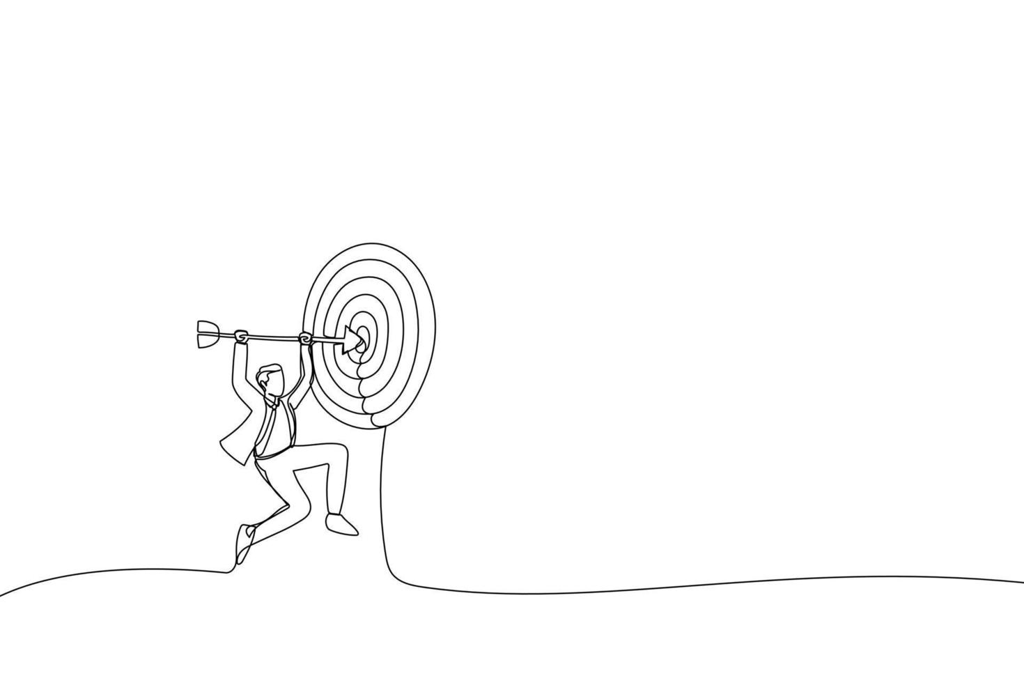 Drawing of businessman holds arrow that hit target or bullseye.  Metaphor for target market. Single line art style vector