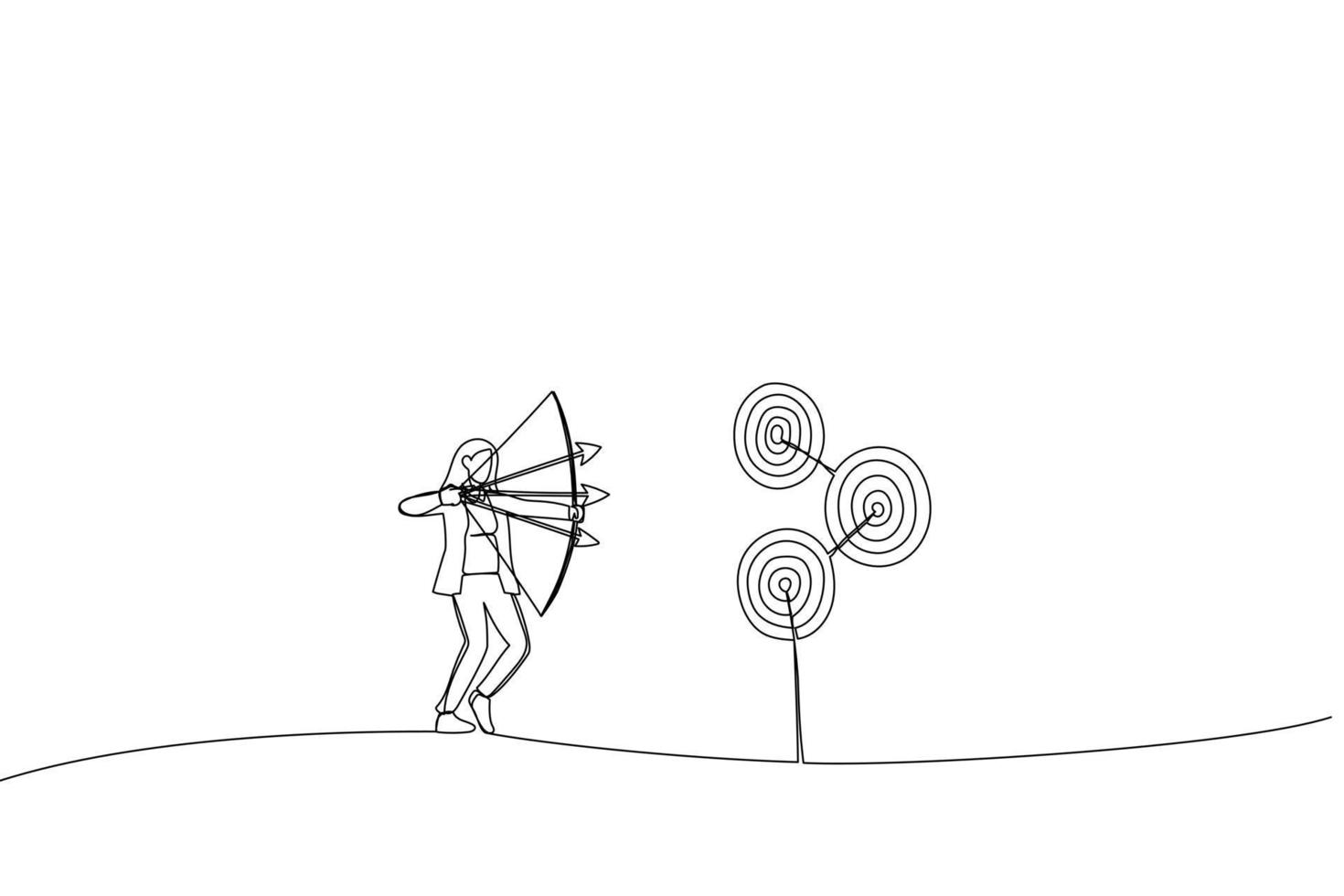 Drawing of businesswoman aiming multiple bows on three targets. Metaphor for multitasking or multiple purpose strategy, aiming for many targets or goal. Single line art style vector