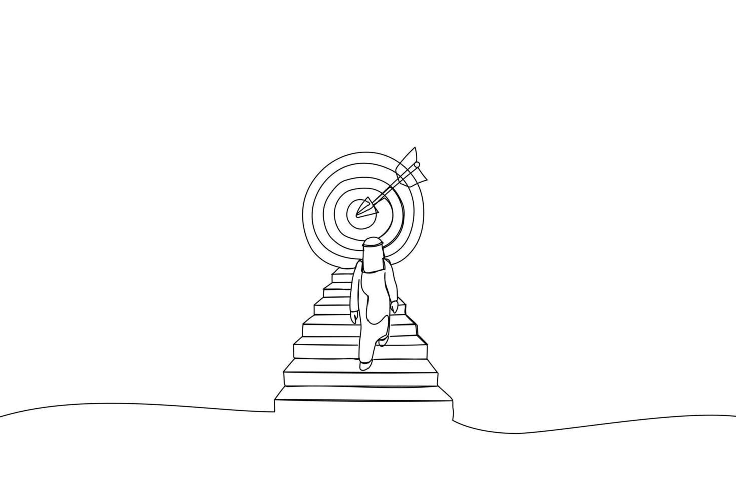 Drawing of arab businessman climbing stairs toward large target. One line style art vector