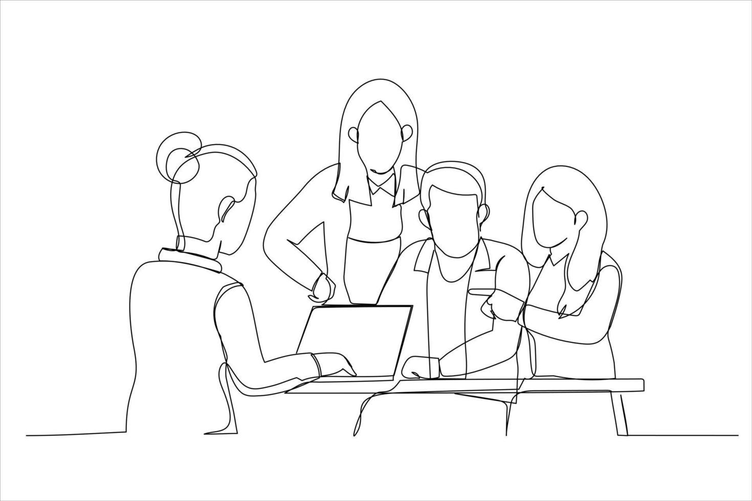 Drawing of business colleagues in team casual discussion, startup project business meeting. Single line art style vector