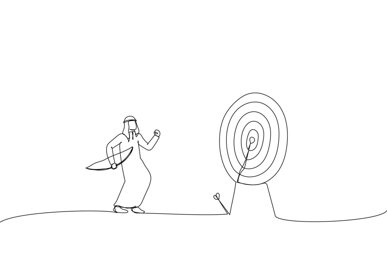 Drawing of arab businessman finally hit target after too many unsuccessful tries. Metaphor for effectiveness and efficiency to measure success rate. Single line art style vector