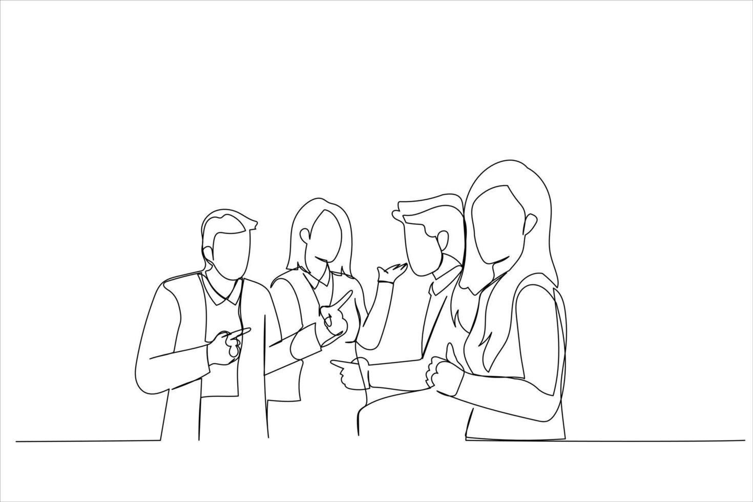 Illustration of young woman holding cup of coffee and looking at camera while her colleagues discussing something in the background. One continuous line art style vector