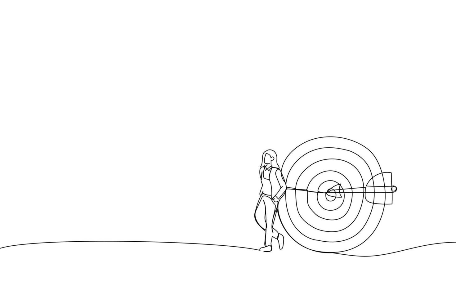 Cartoon of businesswoman stand with arrow hit bullseye on archery target. Metaphor for business objective, purpose or target, goal and resolution to aim for success. Single continuous line art style vector