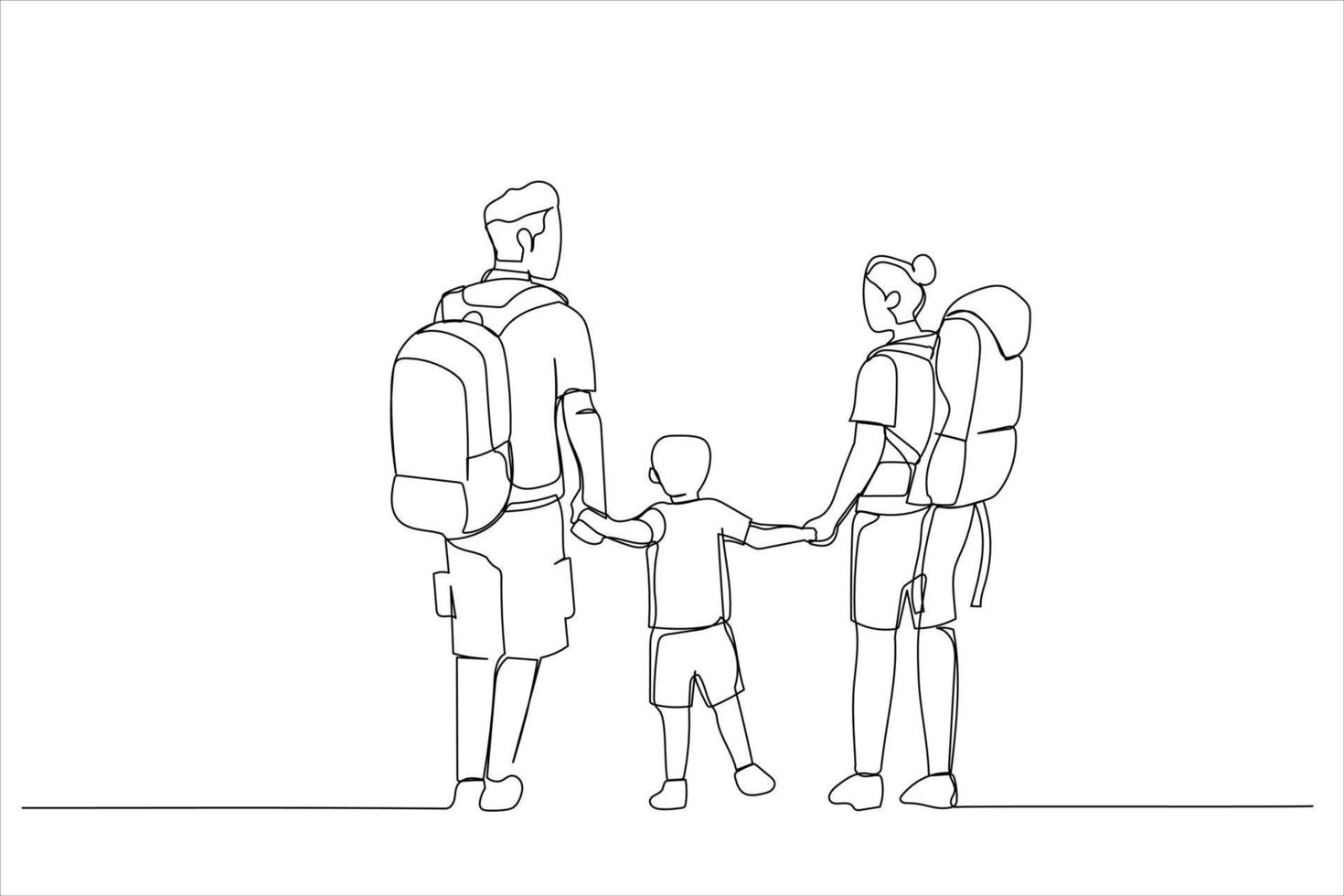 Cartoon of family with children hiking outdoors in summer. Single continuous line art style vector