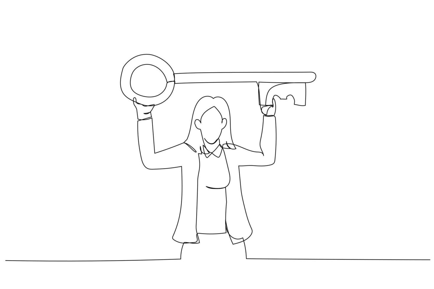 Illustration of businesswoman standing carry big key in raised over head. Metaphor for having strategic key ideas. One line art style vector