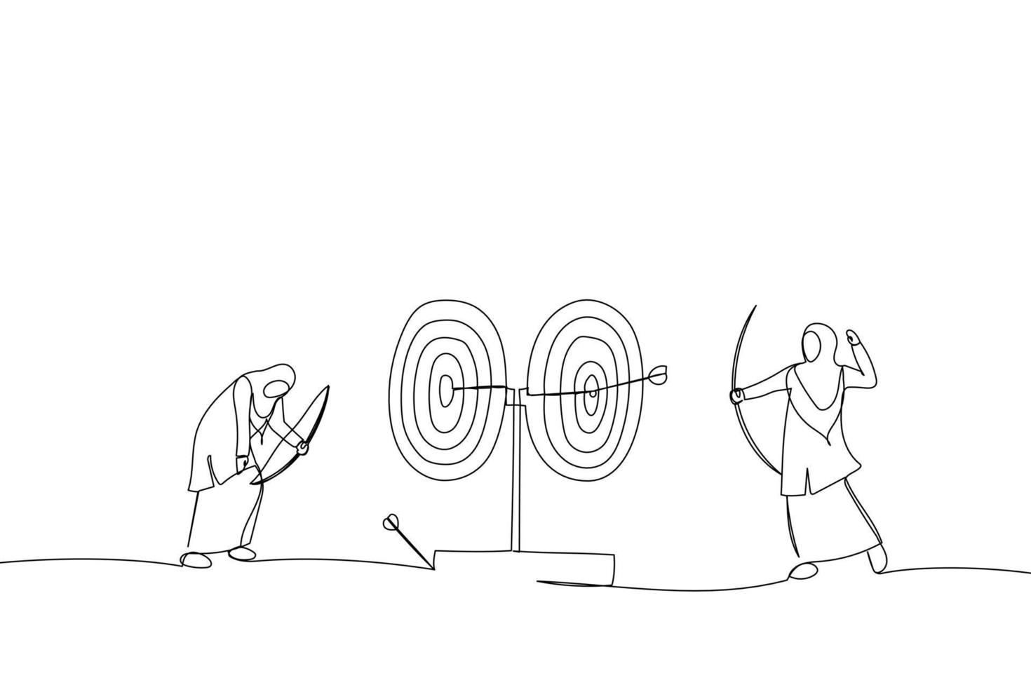 Illustration of businesspeople aiming targets with bows and arrows. Metaphor for business competition target marketing. One line art style vector