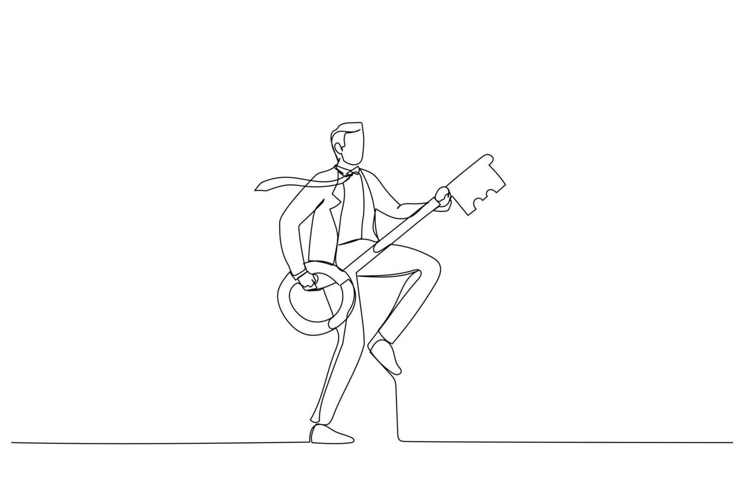 Cartoon of success businessman holding key as guitar dancing with freedom. Metaphor fopr business or career development, leadership and motivation to self improve. Single continuous line art style vector