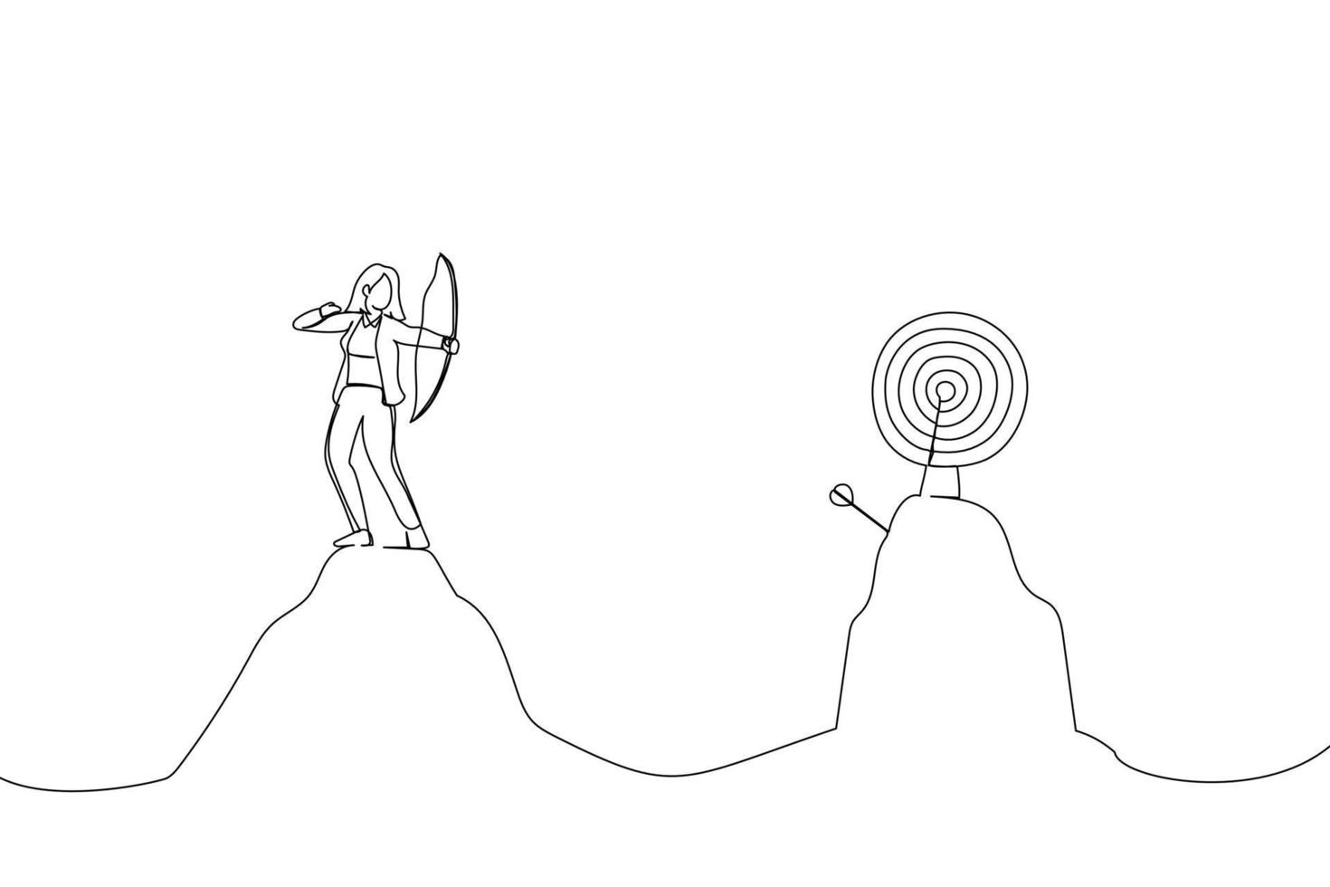 Drawing of overconfidence businesswoman archery terribly missed target. Metaphor for terrible missed target, failure or mistake. Single line art style vector