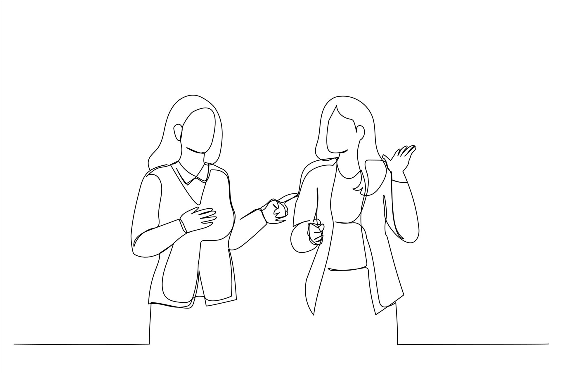 drawing-of-two-serious-diverse-female-colleagues-team-talk-walk-in