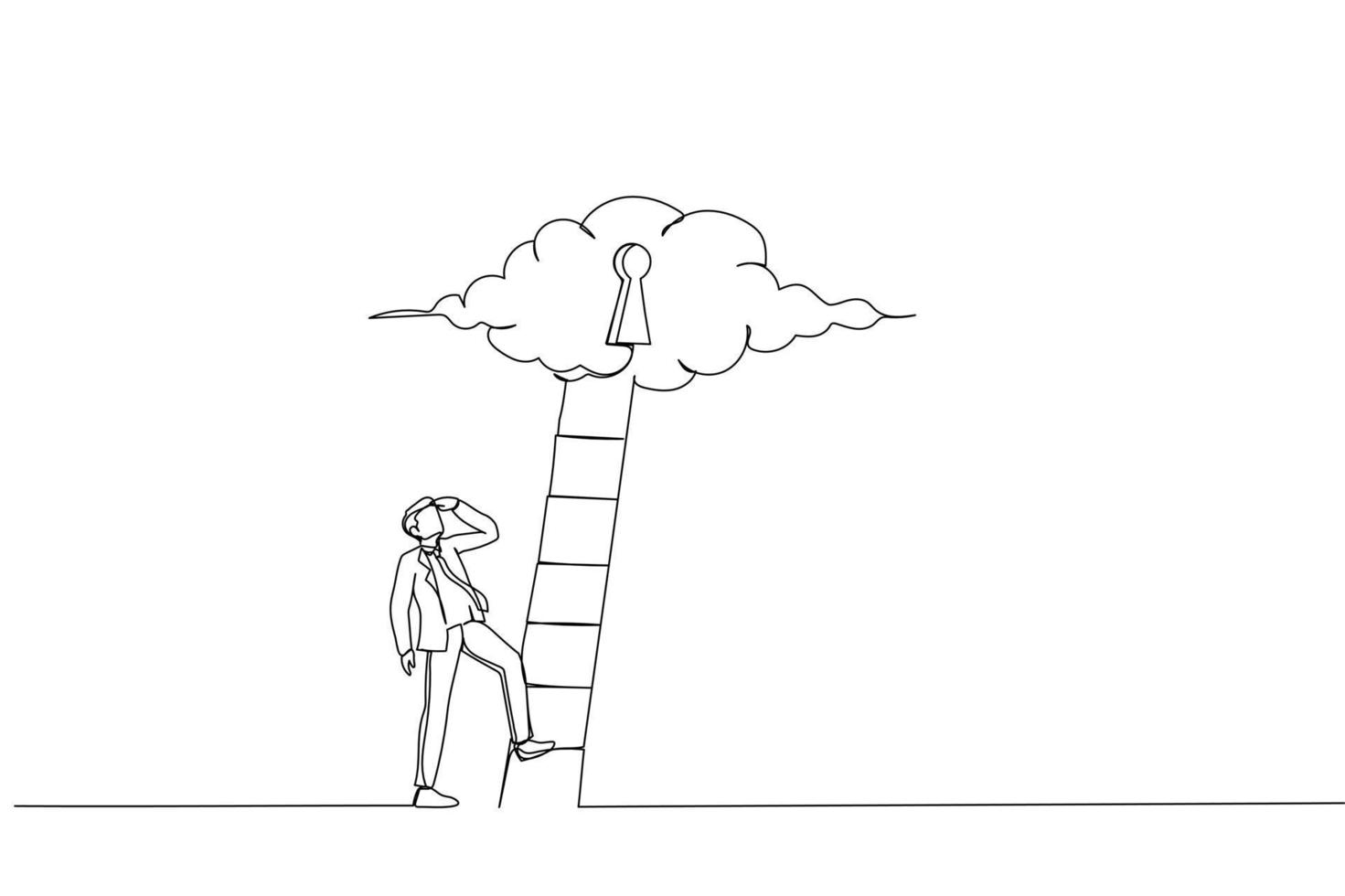 Cartoon of businessman climbing up ladder through secret keyhole. Metaphor for business opportunity or ladder of success, personal improvement. Single continuous line art style vector