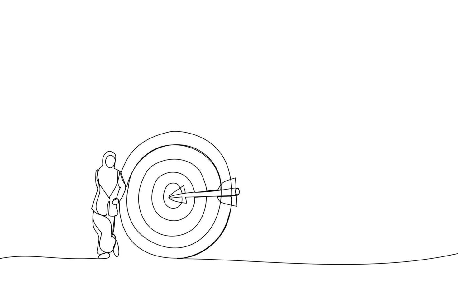 Cartoon of muslim businesswoman stand with arrow hit bullseye on archery target. Metaphor for business objective, purpose or target. Single continuous line art style vector