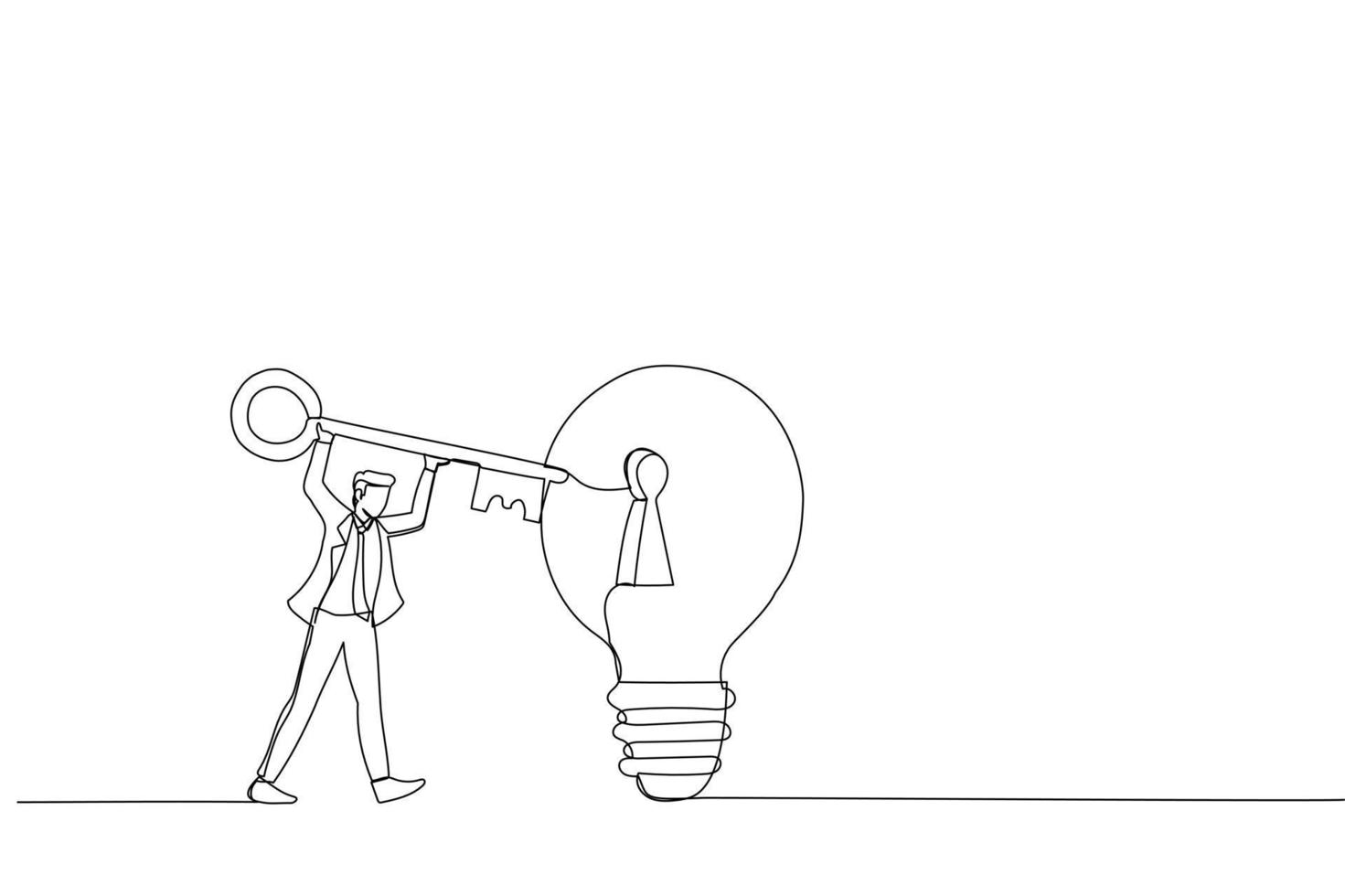 Illustration of smart businessman holding big key about to insert into key hold on lightbulb idea lamp. Metaphor for business idea, invention and creativity. One continuous line art style vector
