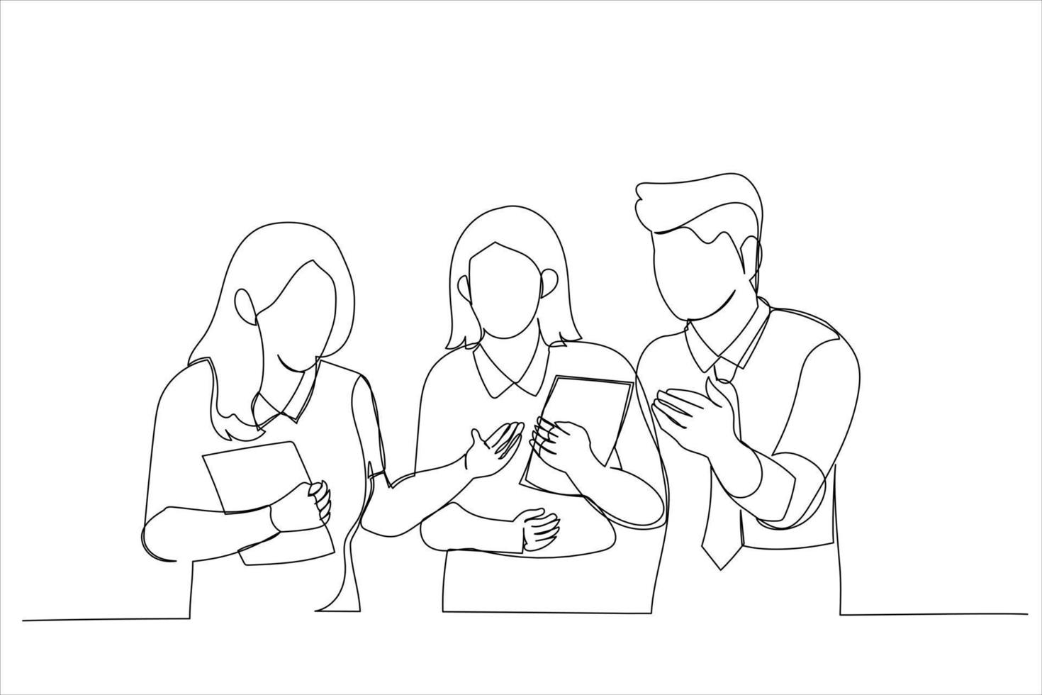 Illustration of designer communicating with orderers standing in coworking space. One line style art vector