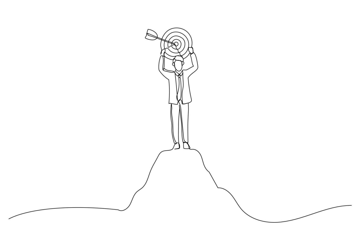 Cartoon of businessman holding a target board on top of mountain. Metaphor for aim, objective and achievement. Continuous line art vector