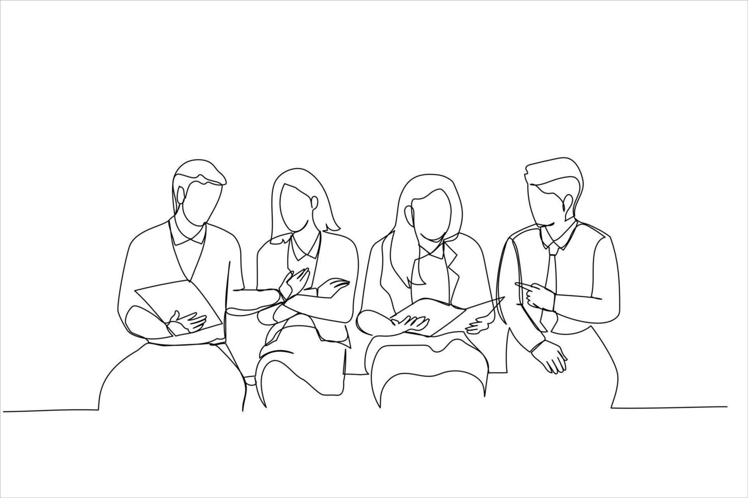 Cartoon of businessmen and women sit near meeting. Continuous line art vector