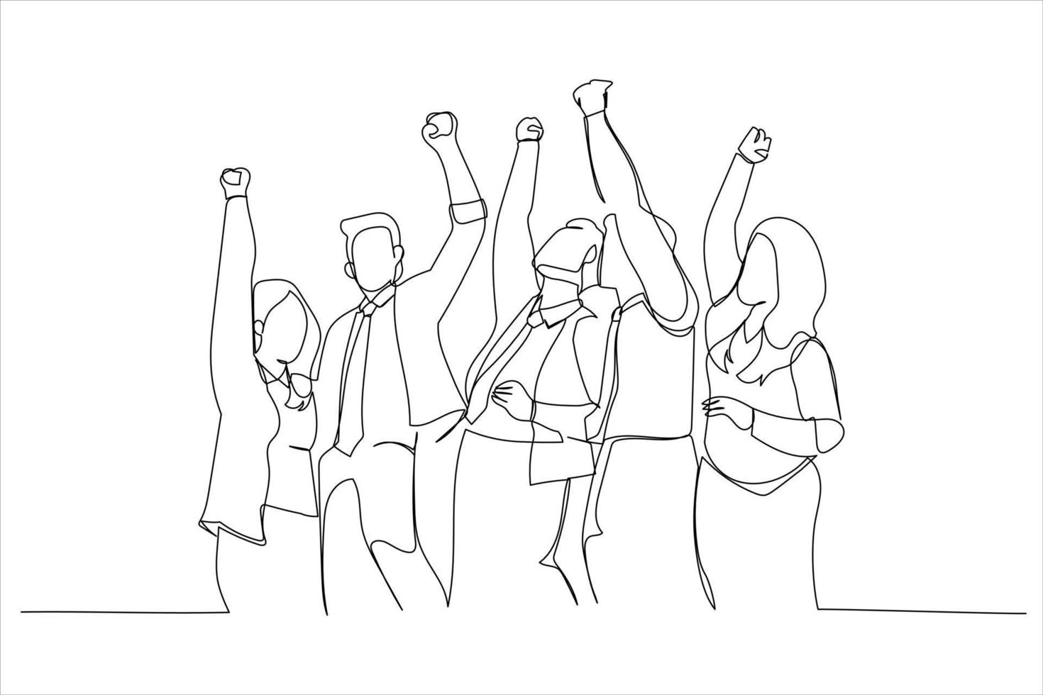 Drawing of diverse group huddle and high five hands together in office workshop. Single line art style vector