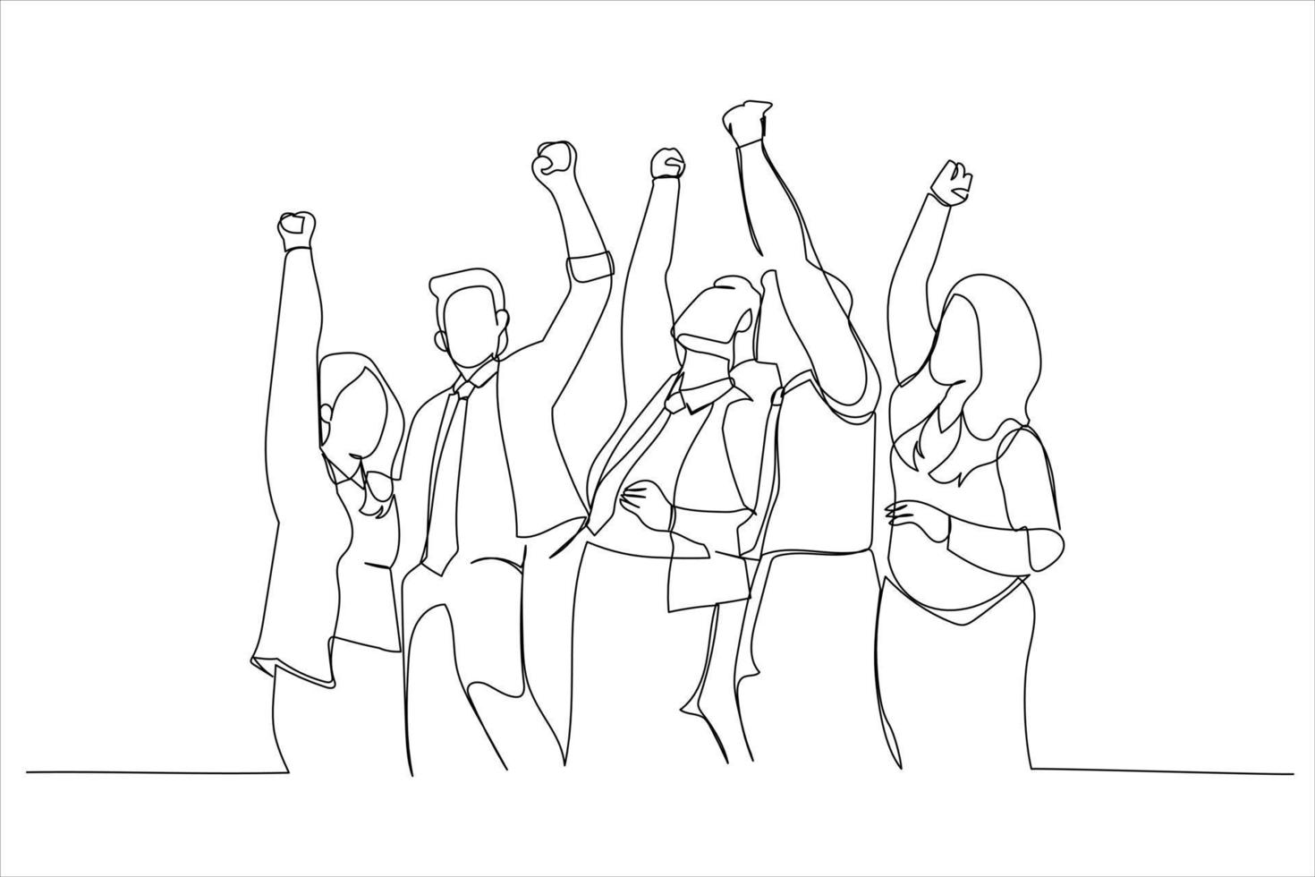 Drawing of diverse group huddle and high five hands together in office workshop. Single line art style vector