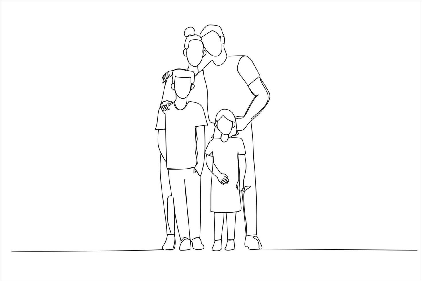 Drawing of young family with two children standing together. Single line art style vector