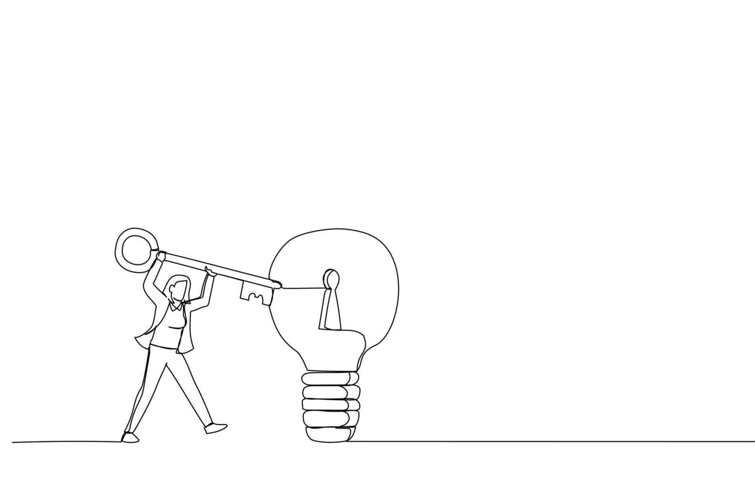 Illustration of smart businesswoman holding big key about to insert into key hold on lightbulb idea lamp. Metaphor for business idea, invention and creativity. One continuous line art style vector