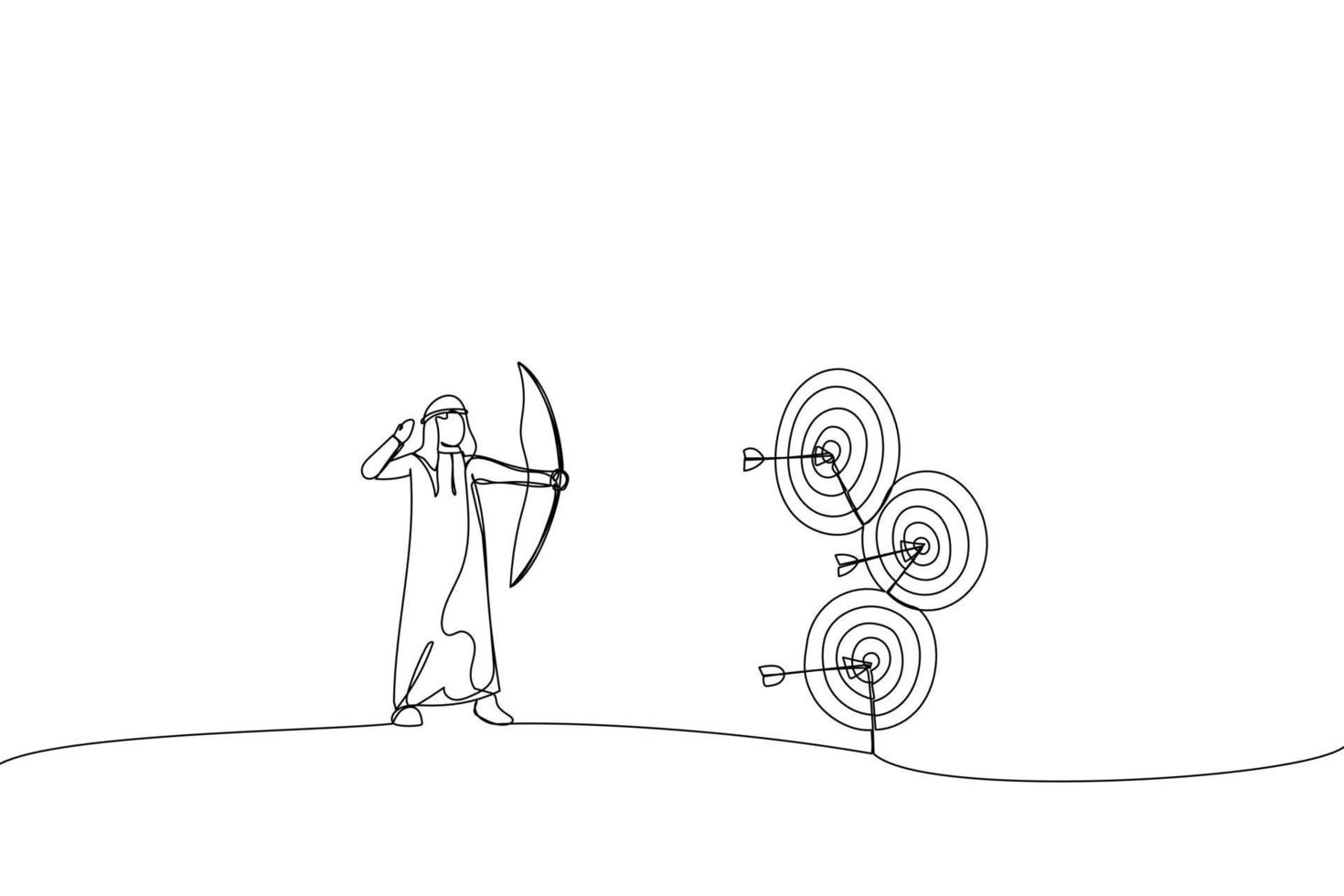 Illustration of arab businessman doing a perfect hit arrow target practice. One line art style vector