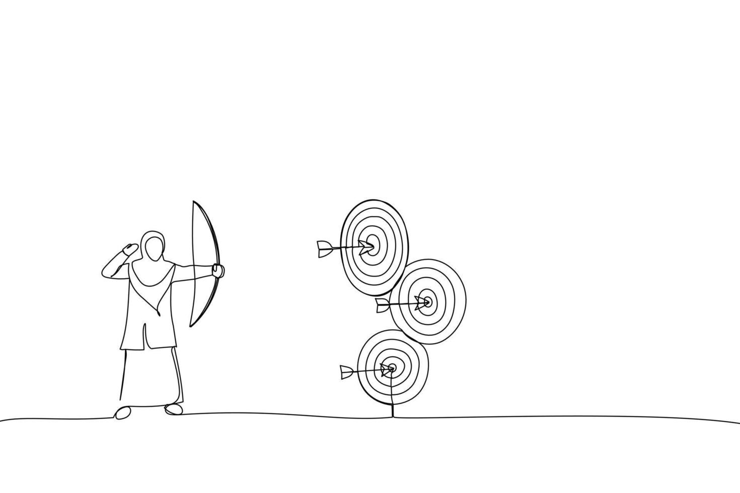 Illustration of muslim businesswoman doing a perfect hit arrow target practice. One line art style vector