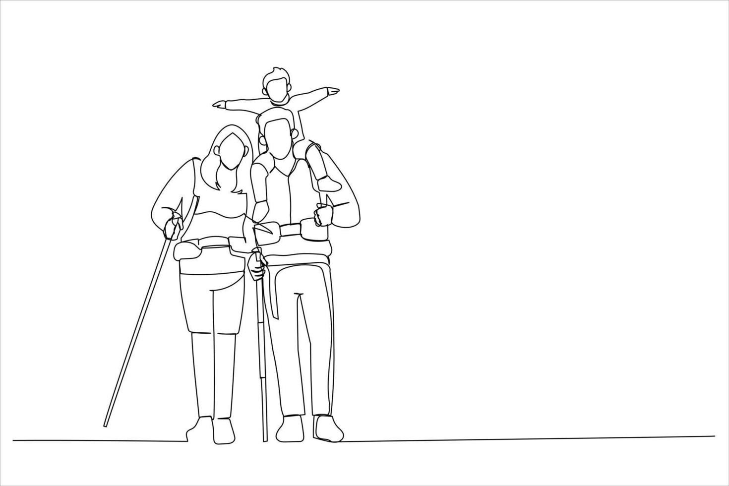 Drawing of parents standing on the peak of a mountain with their son. Single line art style vector