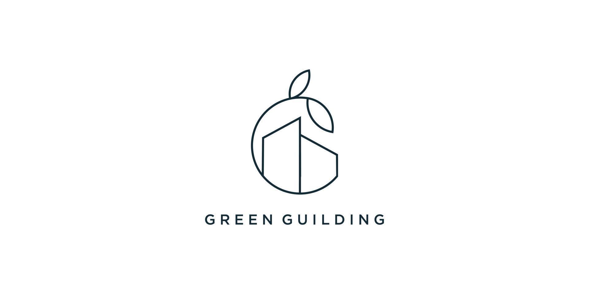 Green building logo design with creative line style Premium Vector