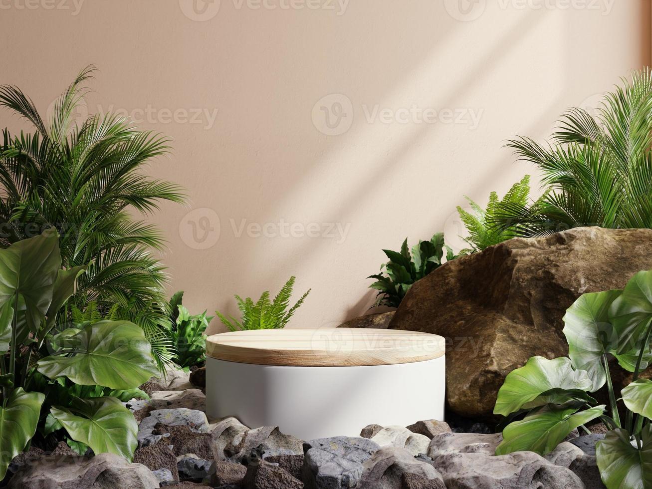 podio de pila vacía en el bosque tropical para la presentación del producto en color crema. foto