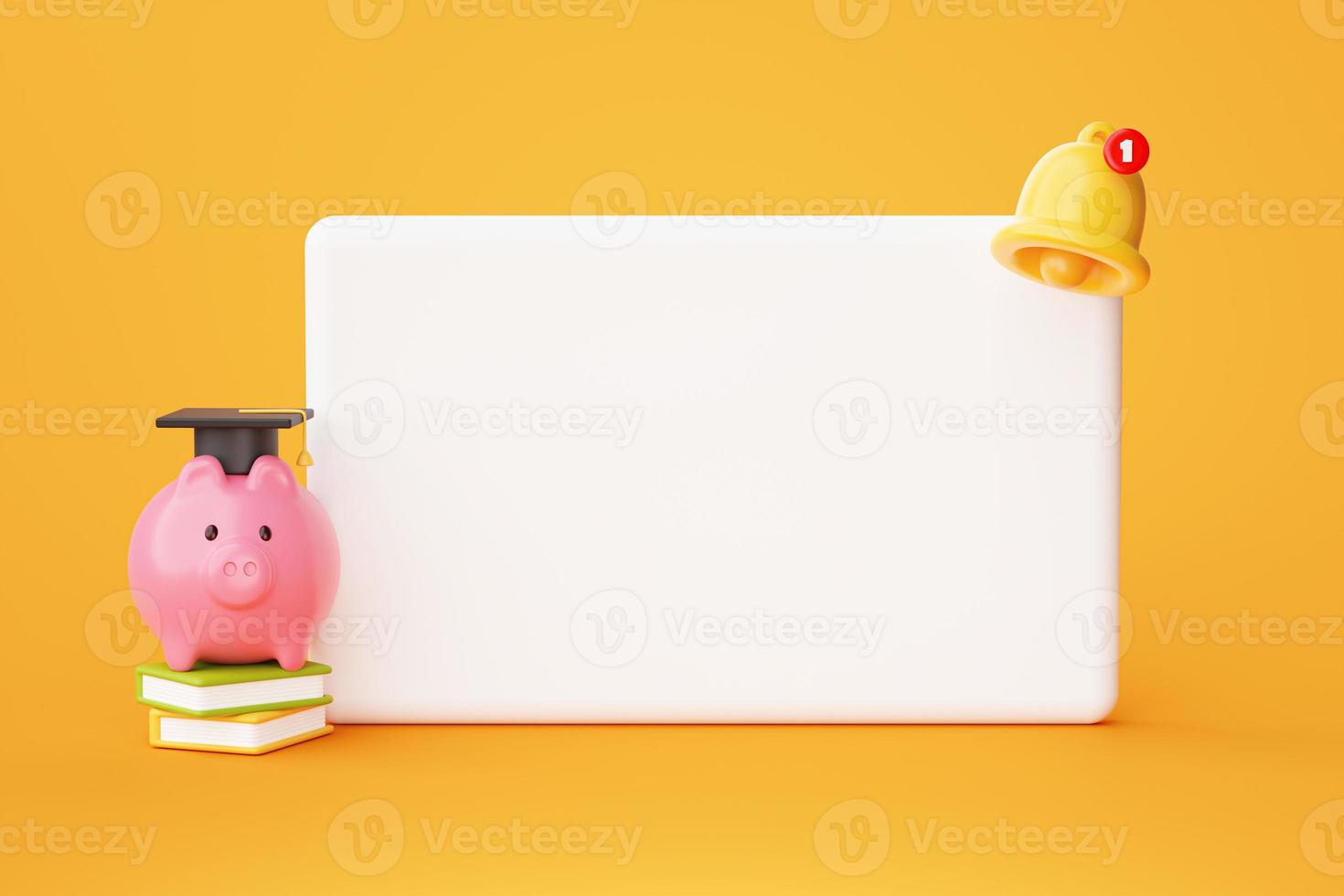 Piggy bank with Black Graduation Hat with empty blank sign and bell notification reminder web banner background 3D illustration photo