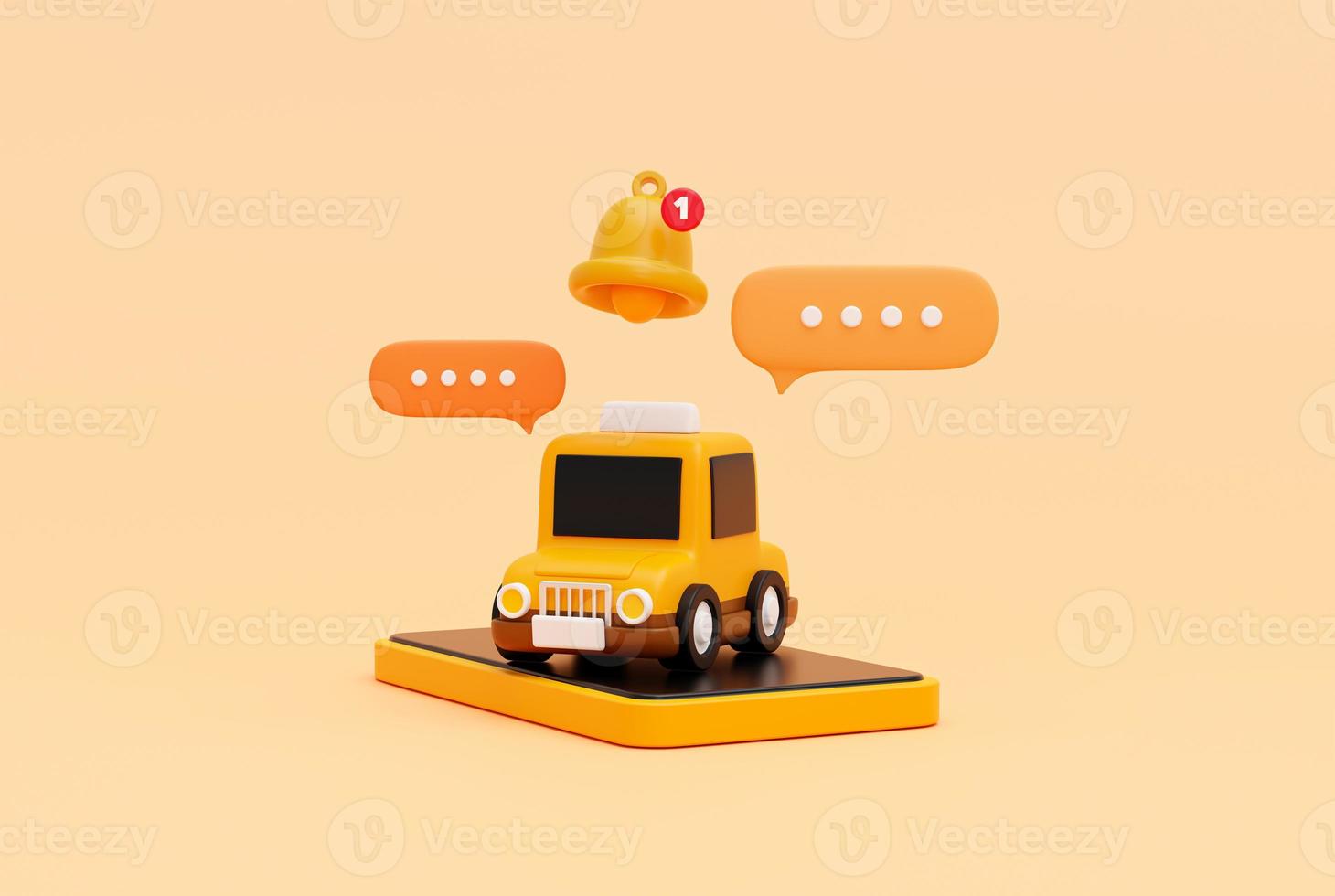 Taxi car on smartphone with reminder popup bell notification alert and bubble chat for online transportation service concept web banner cartoon icon or symbol background 3D illustration photo