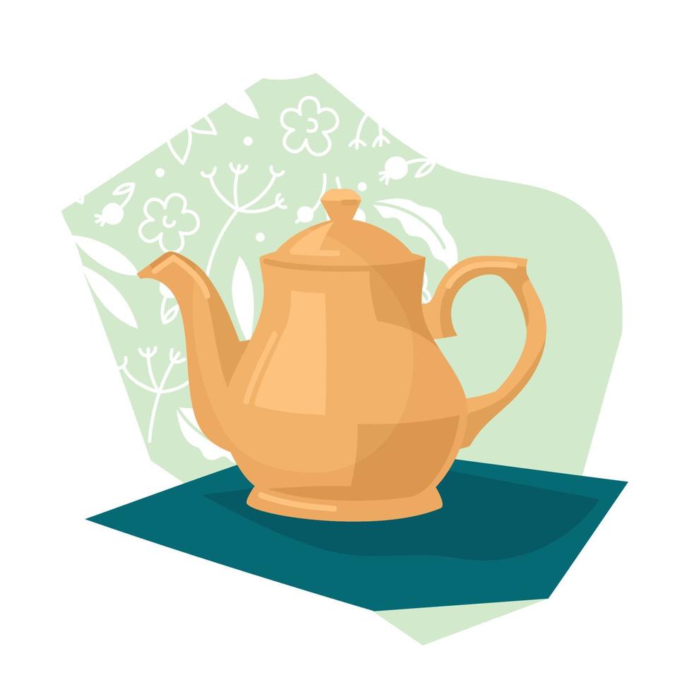 Kettle. Ceramic teapot on the background of floral ornament. Vector image.
