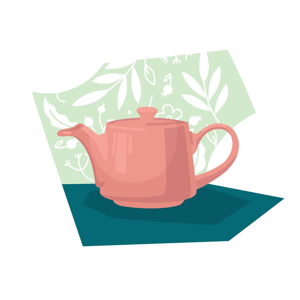 Kettle. Ceramic teapot on the background of floral ornament. Vector image.