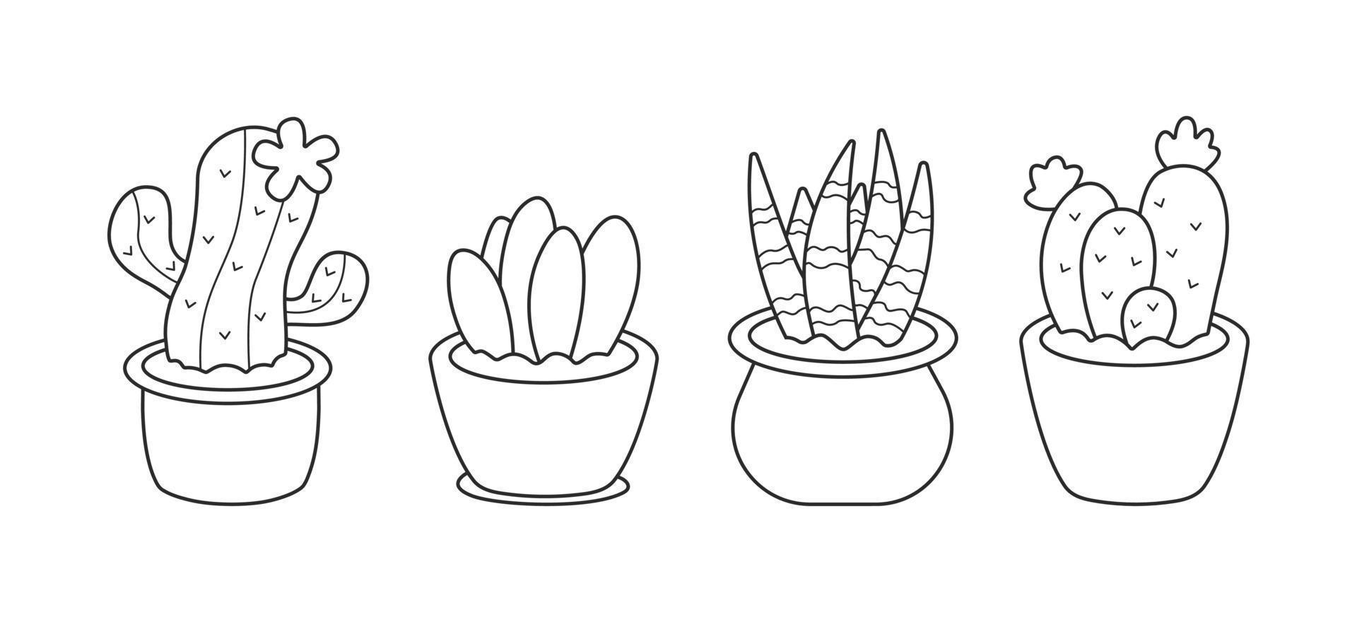 conjunto de lindos cactus y plantas de interior. colección de plantas en macetas y cactus en estilo de dibujo lineal negro. ilustración vectorial aislado sobre fondo blanco vector