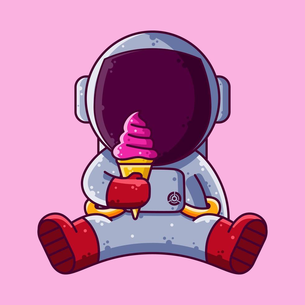 Cute Astronaut Eating Ice Cream Cartoon Vector Illustration. Cartoon Style Icon or Mascot Character Vector.