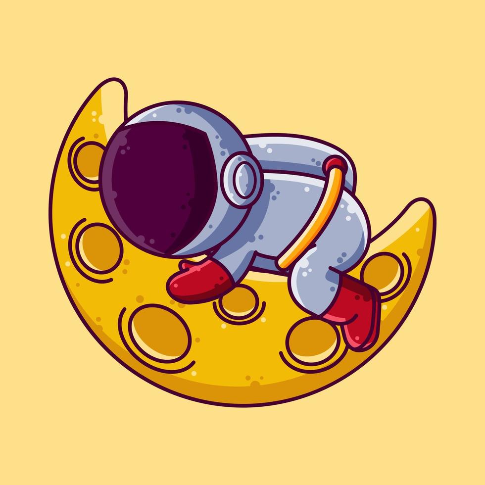 lindo astronauta durmiendo en la ilustración vectorial de dibujos animados de la luna. icono de estilo de dibujos animados o vector de carácter de mascota.