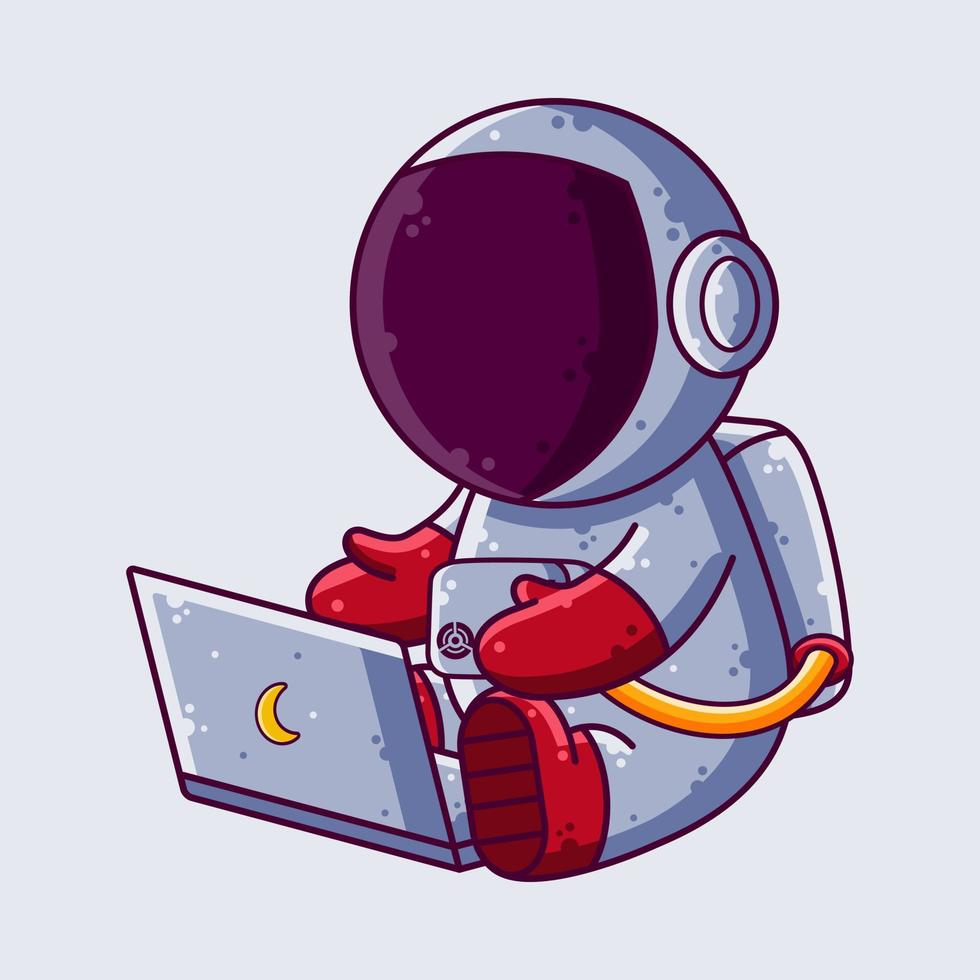 lindo astronauta trabajando con ilustración de vector de dibujos animados de computadora portátil. icono de estilo de dibujos animados o vector de carácter de mascota.