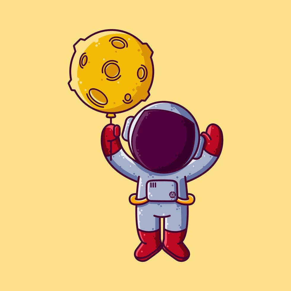 Cute Astronaut Flying with Moon Balloon Cartoon Vector Illustration. Cartoon Style Icon or Mascot Character Vector.