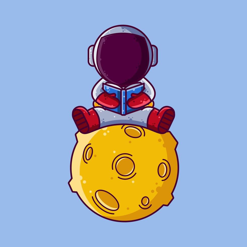 Cute Astronaut Reading Book on The Moon Cartoon Vector Illustration. Cartoon Style Icon or Mascot Character Vector.