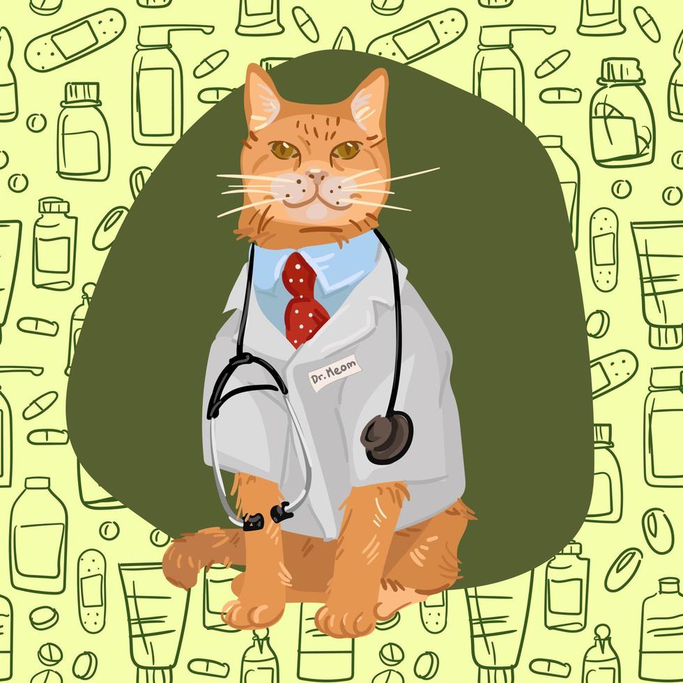 un gato disfrazado de veterinario sobre un fondo de un patrón verde con pastillas. un veterinario llamado dr. miau trata a todos los animales. ilustración para una postal, pancarta, volante. vector