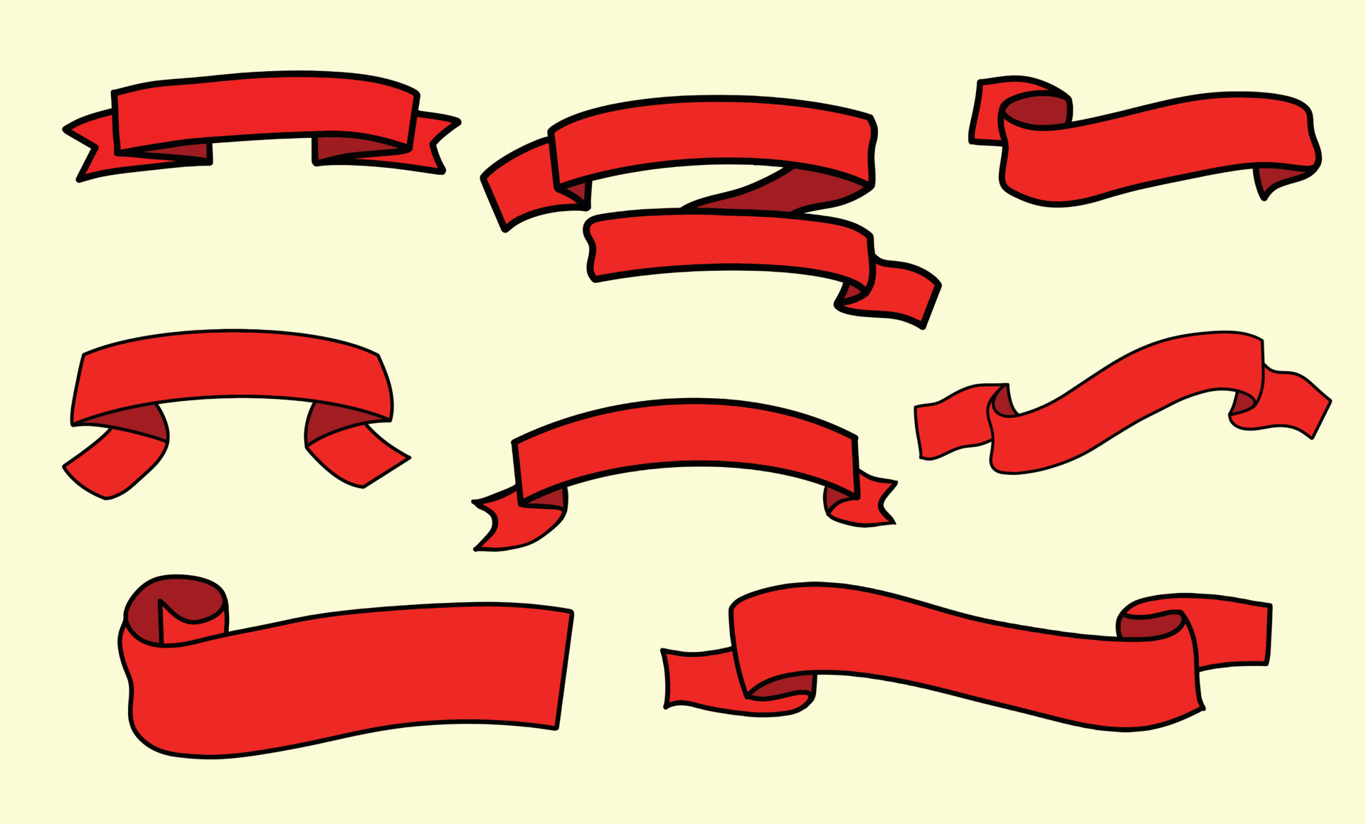 Red ribbons, big set of hand drawn design elements. flag, banner, label