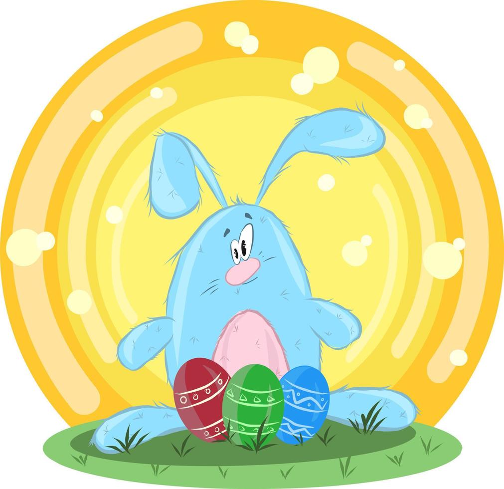 conejito de pascua con huevos en la hierba. el fondo es de color, con reflejos. ilustración vectorial vector