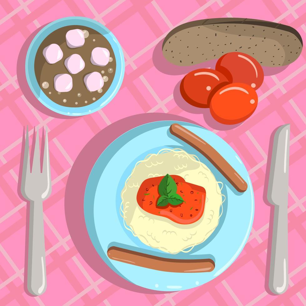 Pasta dinner with sauce, tomatoes and cocoa vector