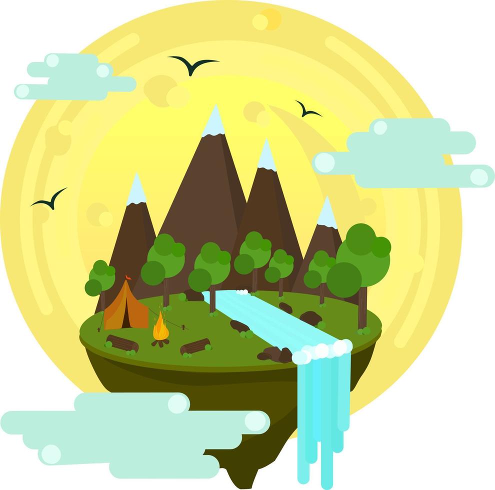 Cartoon landscape vector elements with mountains, hills, tropical trees and buildings. Hill and mountain nature illustration