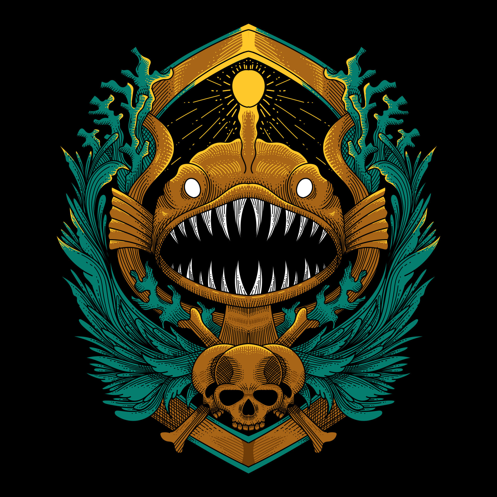 Anglerfish with coral and skull ornament engraving style vector