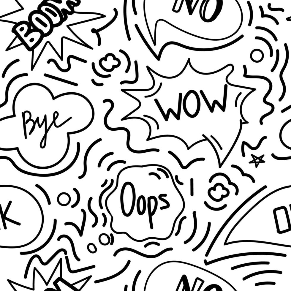 A seamless pattern of speech bubbles with hand-drawn doodle-style dialog words. Boom, Oops, No, Okay, Wow. Close-up. Vector illustration