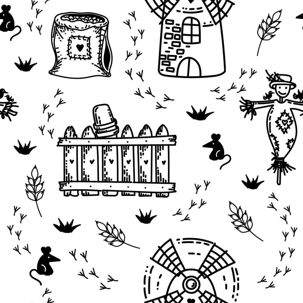 Seamless pattern with mill, flour and scarecrow, hand-drawn doodle-style elements. Kid-inspired background with cute animals, a stuffed animal, and a mill with a heart vector