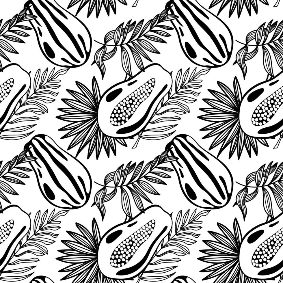 Seamless pattern of papaya and tropical leaves, hand-drawn doodle elements in a black and white palette. Whole papaya and core. Palm leaves. Image of summer fruits vector