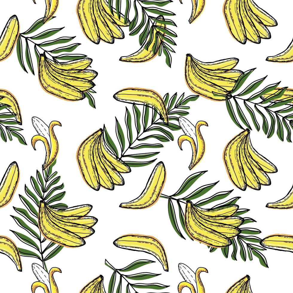 A seamless pattern of bananas and tropical leaves, hand-drawn doodle elements in sketch style. Whole bananas and open. Palm leaves. Image of summer fruits vector