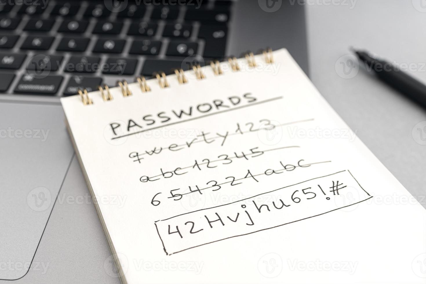 Strong computer security password concept. Changing a weak easy Password for a strong one. Handwritten text on notepad on laptop photo